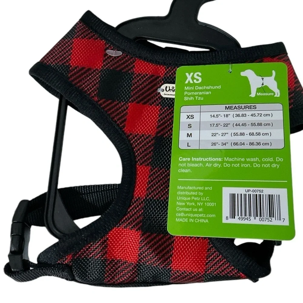 Unique Petz Dog Harness XS Adjustable Comfy Red Black Tartan Plaid Size XS
